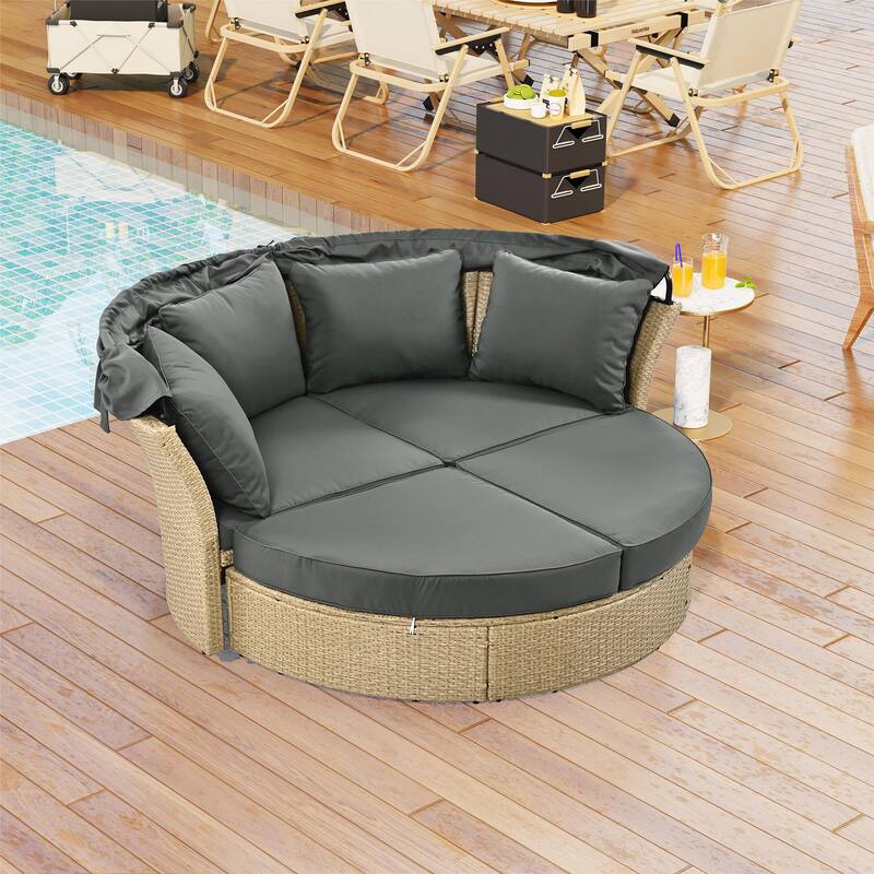 Wicker Rattan Outdoor Patio Double Daybed with Retractable Canopy and 4 Pillows, Convertible Loveseat/Sofa Set