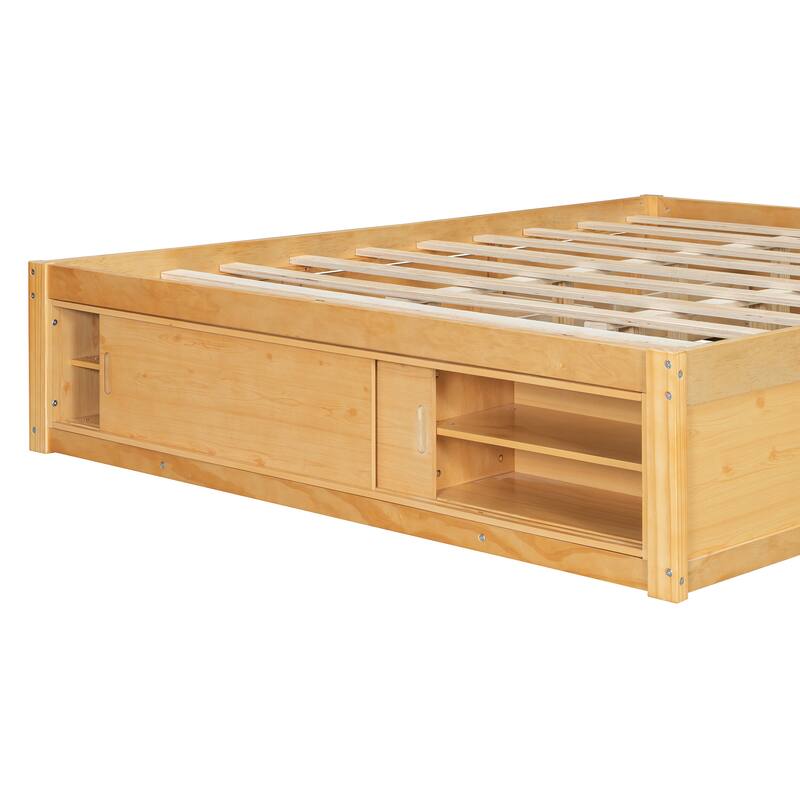 Queen Size Platform Bed Open Frame with Footboard Storage and 4 Drawers