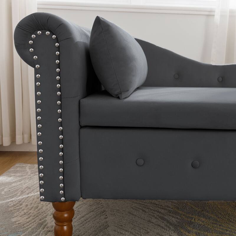 Chaise Lounge Indoor,Lounge Chair with Storage & Pillow,Upholstered Rolled Arm Chase Lounge for Sleeping with Nailhead Trim