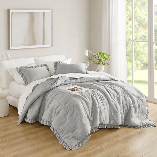 Chelsea Square Himari Diamond Quilted Ruffle Edge Comforter Set - Grey - Queen