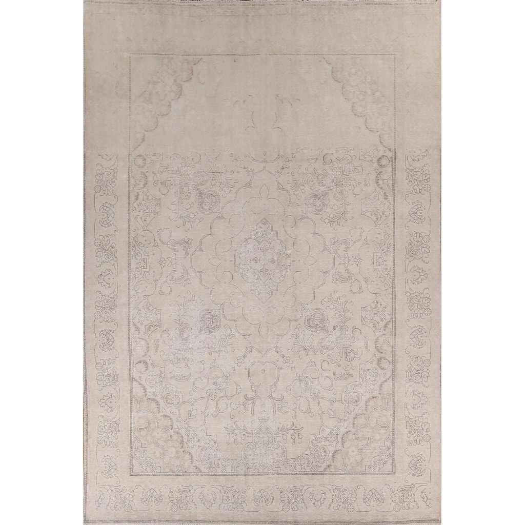 Muted Distressed Tabriz Persian Antique Area Rug Handmade Wool Carpet - 9'8" x 13'0"