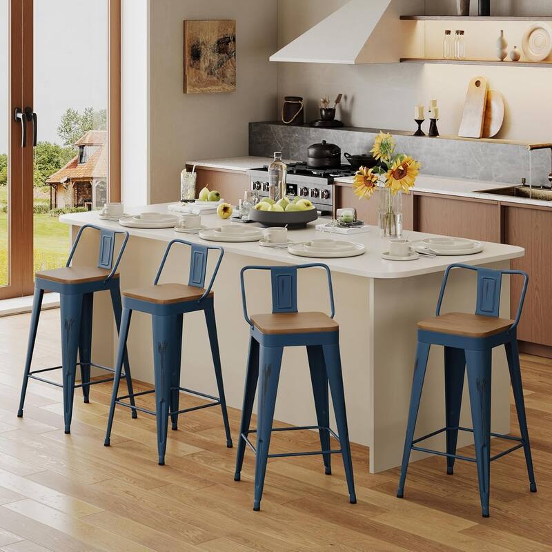 Industrial Style Counter Stools with Metal Frame 24" Kitchen Counter Height Stools with Low Back and Wooden Seat - Distressed Navy
