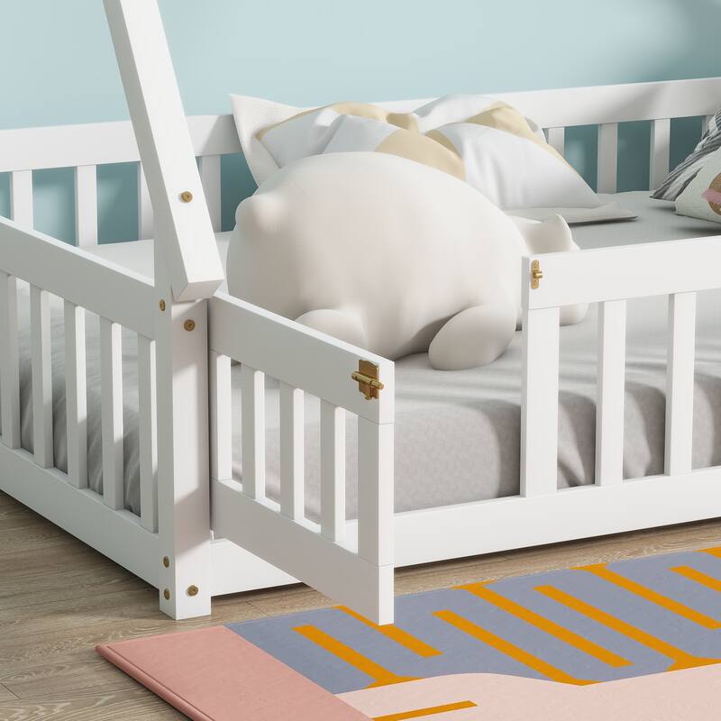 Tent-Shaped Floor Bed, Wooden Kids Teepee Bed with Fence and Door