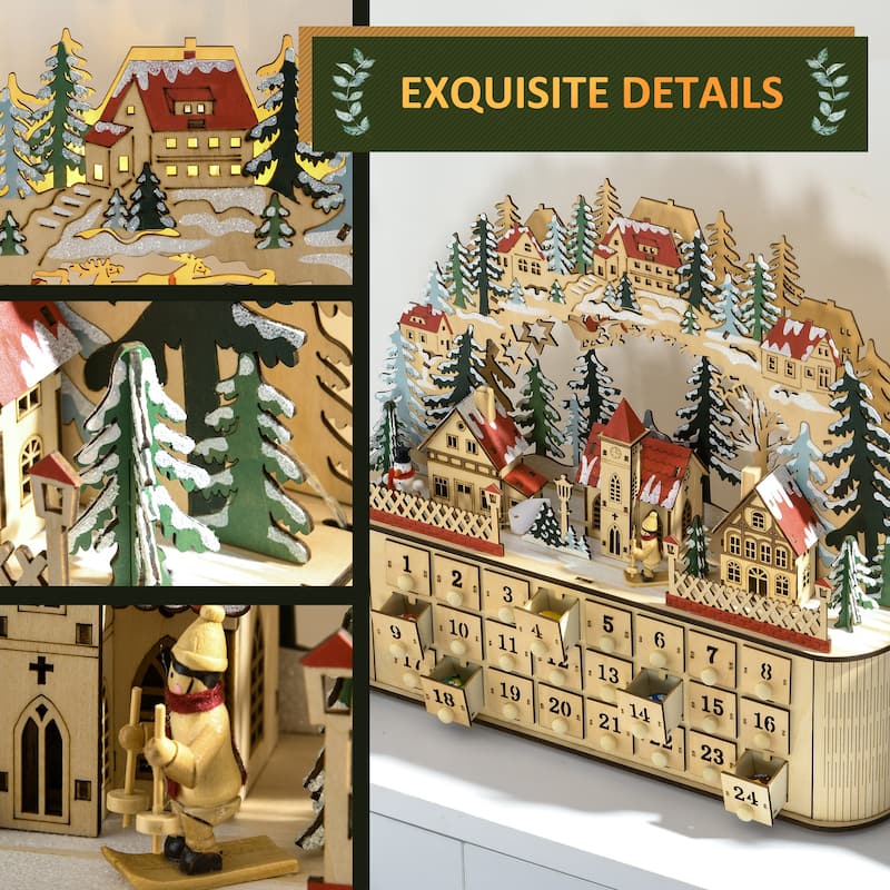 HOMCOM Wooden Christmas Advent Calendar, Light Up Table Holiday Decoration with 24 Countdown Drawers Natural