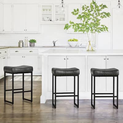 Counter Bar Stools 24" Square Saddle Barstools Set of 3, Modern Backless Faux Leather Counter Stool for Kitchen Island