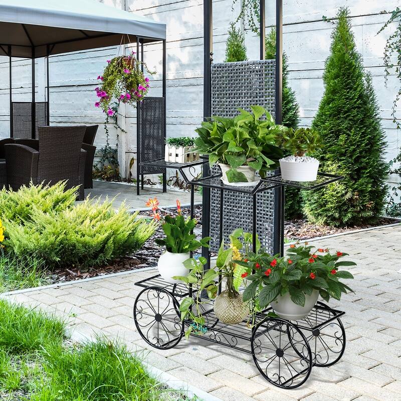 6-Tier Garden Cart Flower Rack with Metal Shelves for Indoor Outdoor - 32" x 10" x 30"(L x W x H) - Black