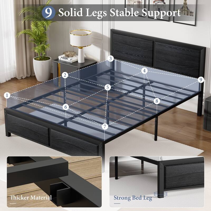VECELO Platform Bed Frame with Wooden Headboard Heavy Duty Steel Slats Support No Box Spring Needed