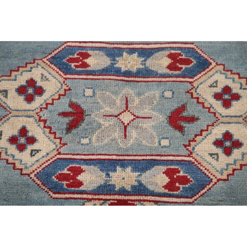 Hand Knotted Oriental 100% Wool Carpet Traditional Geometric Navy Blue & Blues Kazak Area Rug - 9' 6'' X 6' 8''