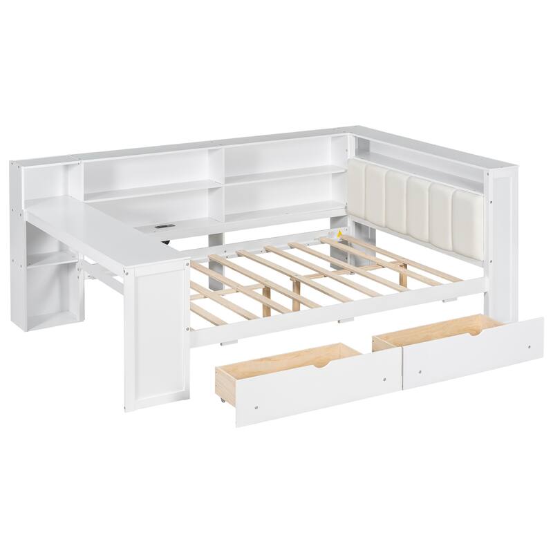 Full Size Platform Bed with Storage, Charging Station, LED, Desk, and Upholstered Headboard