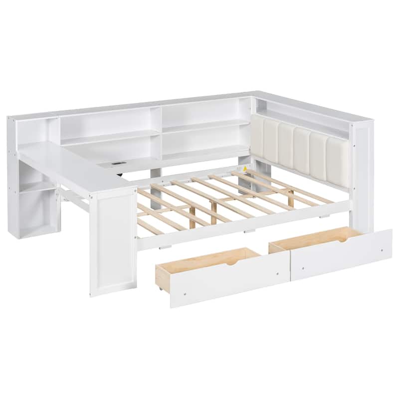 Twin / Full Wood Platform Bed with Storage Shelves Drawers LED Light Desk and Upholstered Headboard - Beige White - Full