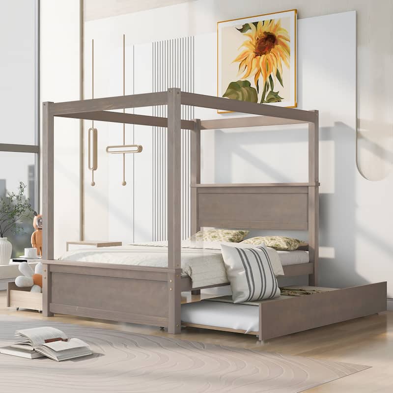 Canopy Platform Bed with Trundle and 2 Drawers, Support Slats
