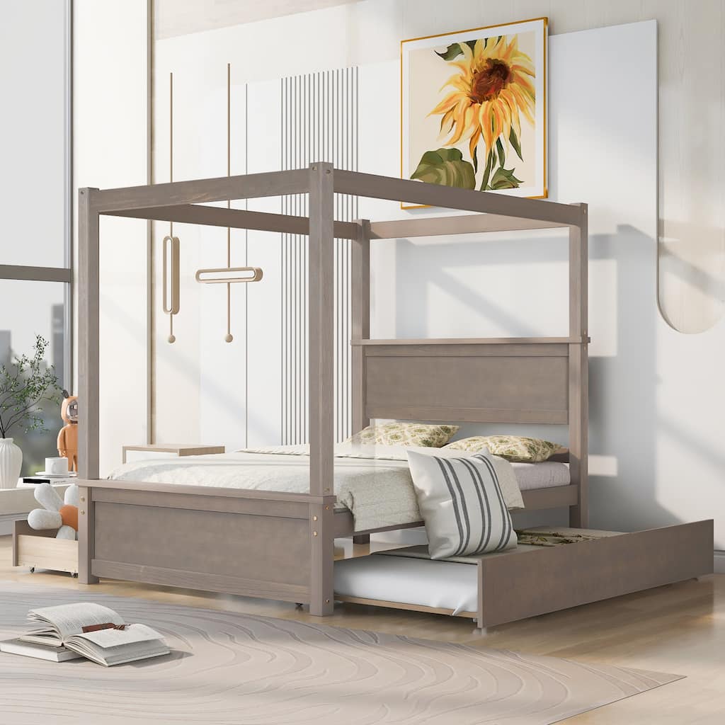 Wood Full Canopy Bed with Included Trundle for Additional Sleep Space