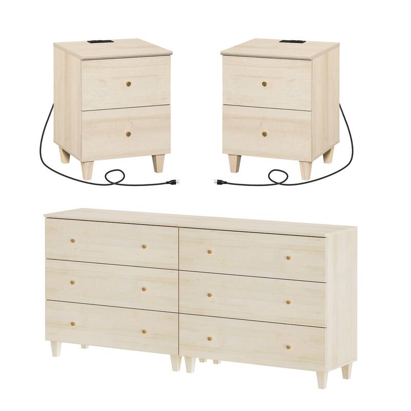 WAMPAT 6-Drawer Dresser and Nightstands Set of 3 for Bedroom, 70.8" - Light Oak - 3 Piece