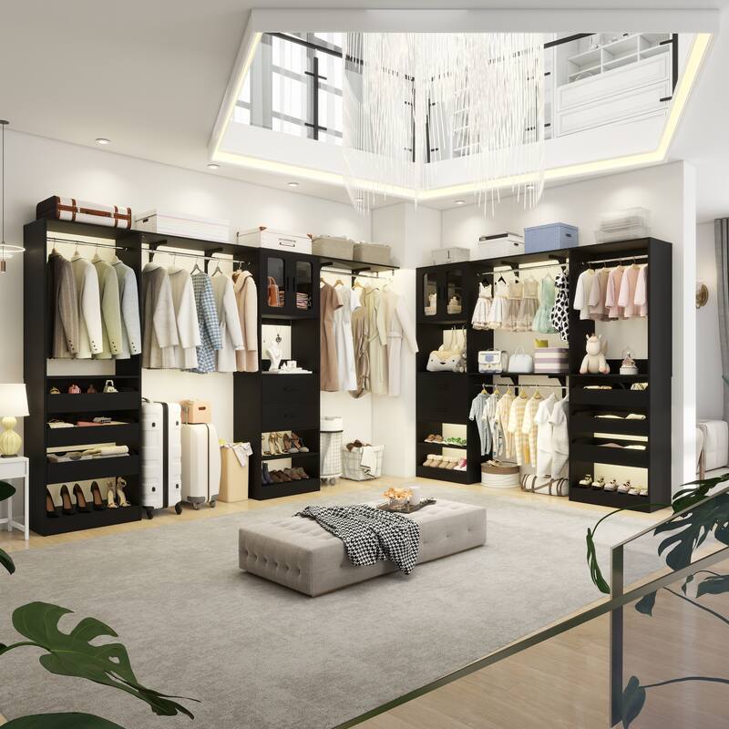 80"-120" Closet System With Door and Wooden Drawers, Closet Organizer System with 3 Haning Rods and Storage Shelves
