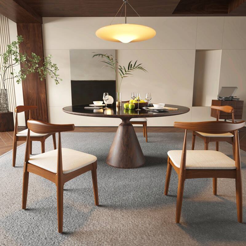 Mid Century Dining Room Chairs Set of 2, Wood and Fabric Upholstered Floor Dining Chairs