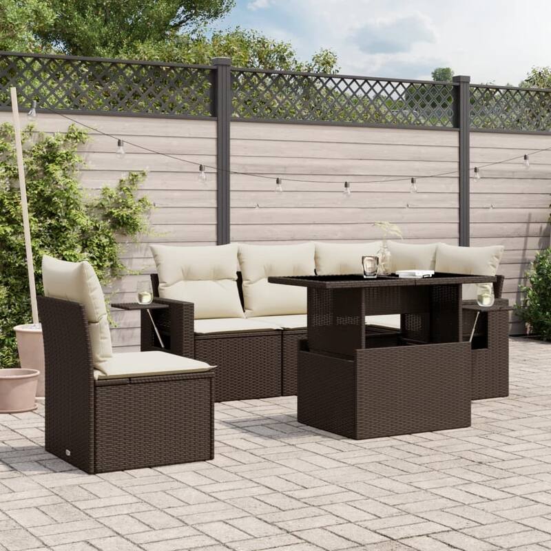 vidaXL Patio Sofa Set with Cushions Outdoor Furniture 6 Piece Poly Rattan - 21.7 x 39.4 x 28.7 - Brown and Cream