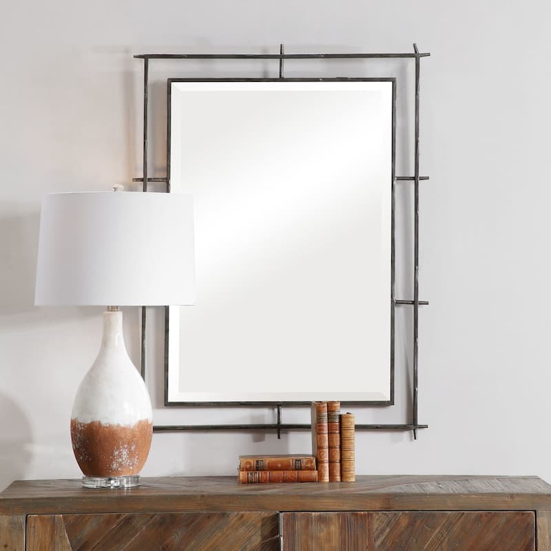 Uttermost Ironworks 41" x 39" Industrial Iron Framed Bathroom Mirror - Distressed Deep Ebony