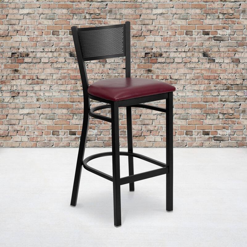 Grid Back Metal Restaurant Barstool - 19"W x 19.5"D x 42.25"H - burgundy vinyl seat/black metal frame