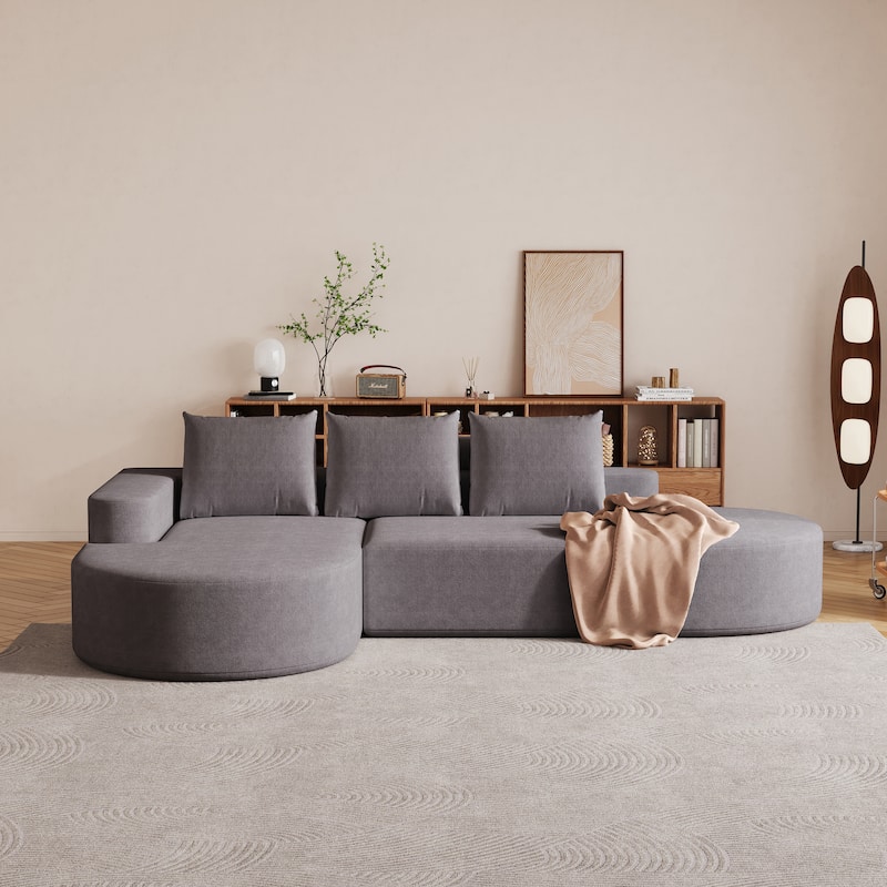 Roomfitters 108.5" Modern Curved Chenille Sectional Sofa, Modular L-Shaped Couch with 3 Pillows - Grey - Left Hand Facing