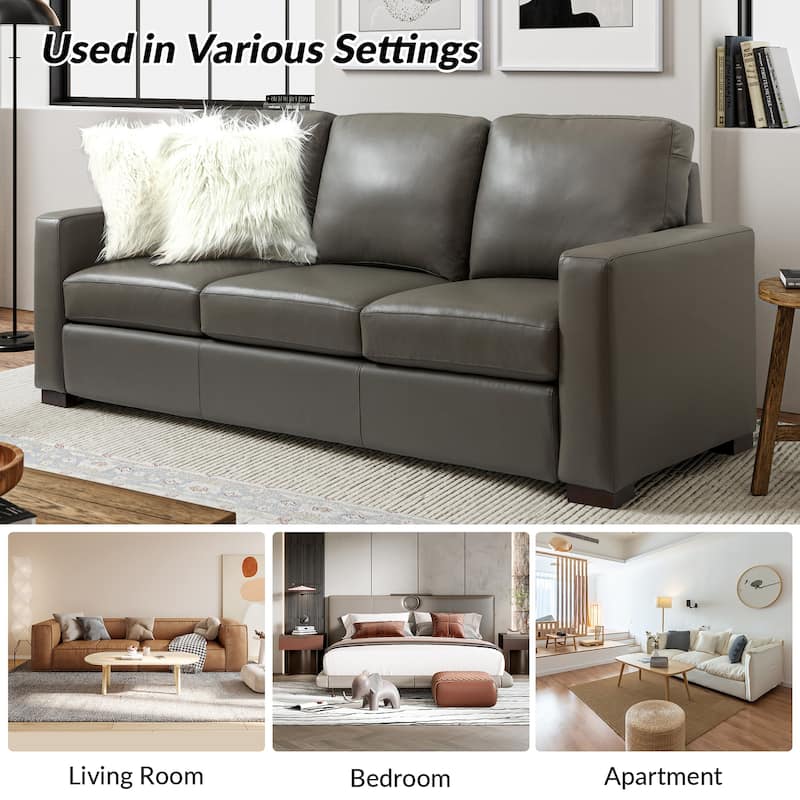 Ernando 83.46" Wide Genuine Leather Sofa with Squared Arms and Pillows