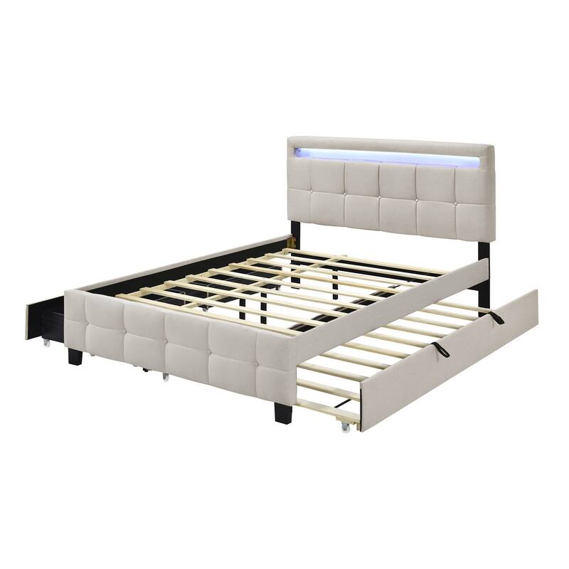 HomeRoots Beige Tufted Upholstered Lighted Queen Bed Frame With Trundle And USB And Drawers