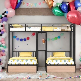 Modern Full Over Twin & Twin Triple Bunk Bed with Drawers,Desks and Shelves In The Middle