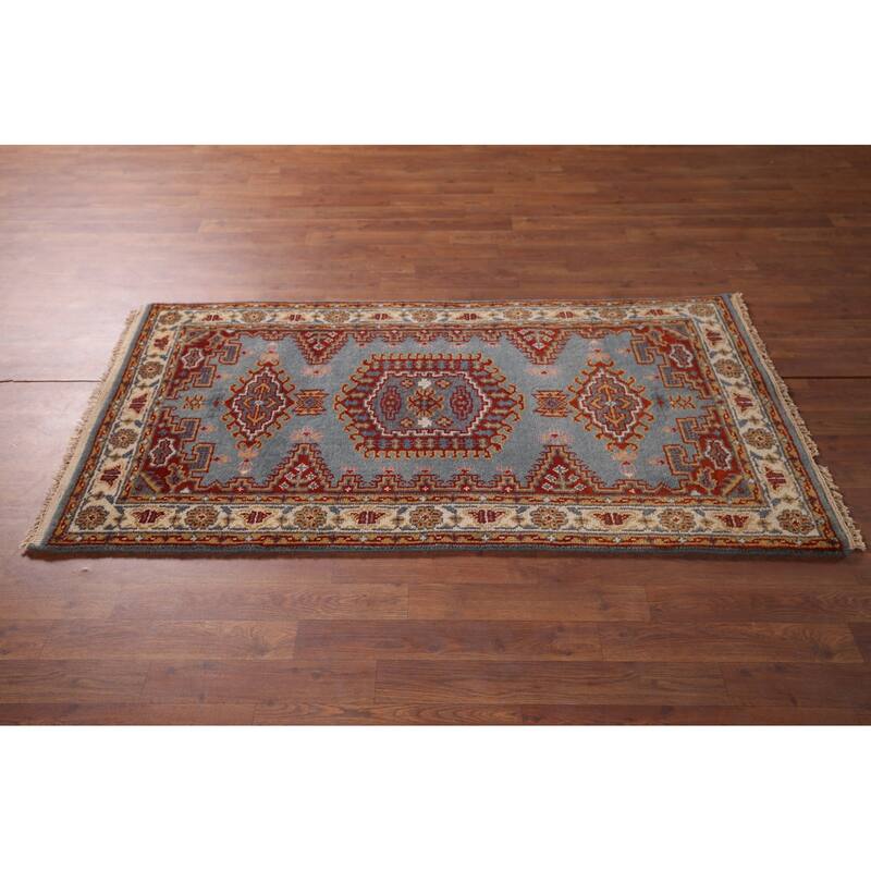 Blue Geometric Viss Oriental Accent Rug Hand-Knotted Wool Carpet - 2'11"x 5'3"