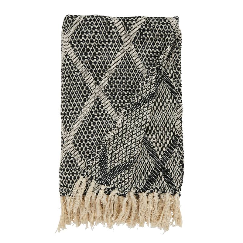 Diamond-Patterned Knit Fringed Throw