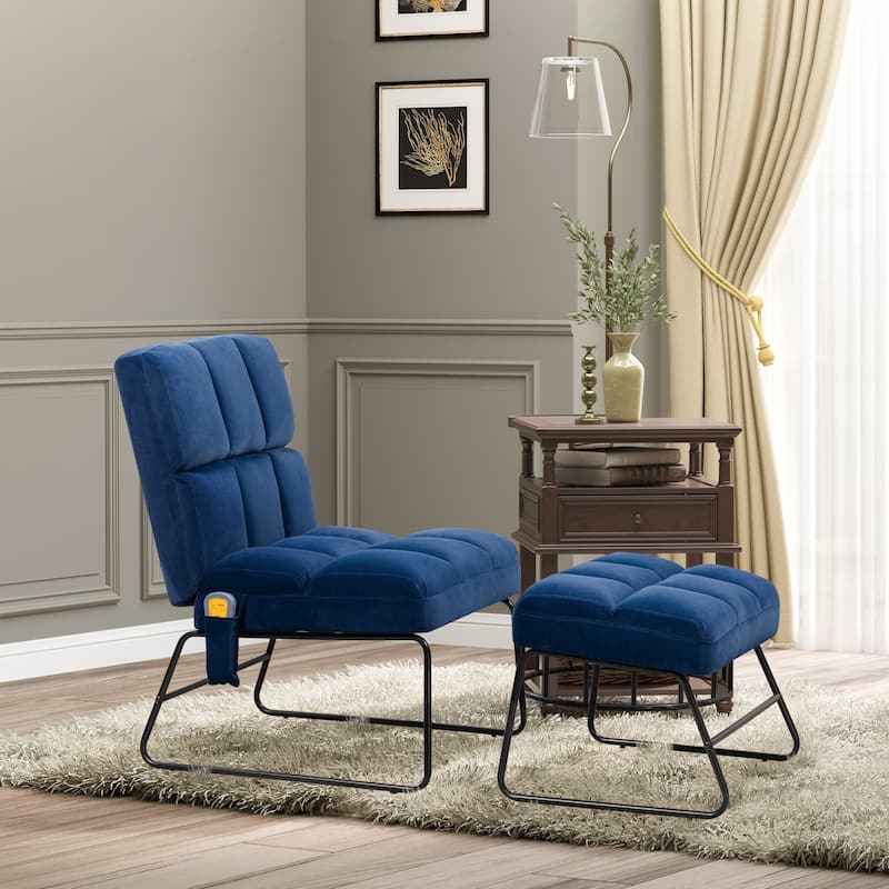 HOMCOM Accent Chair with Ottoman, Velvet Club Chair with Vibration Massage, Remote Control and Metal Legs - Blue