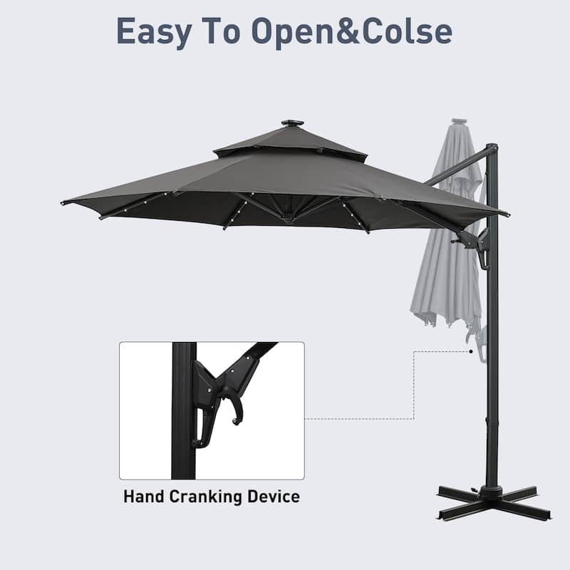 Autlaycil 10FT Cantilever Patio Umbrella with Solar Lights Included Base 360 Rotation Large Offset Hanging Outdoor Shade