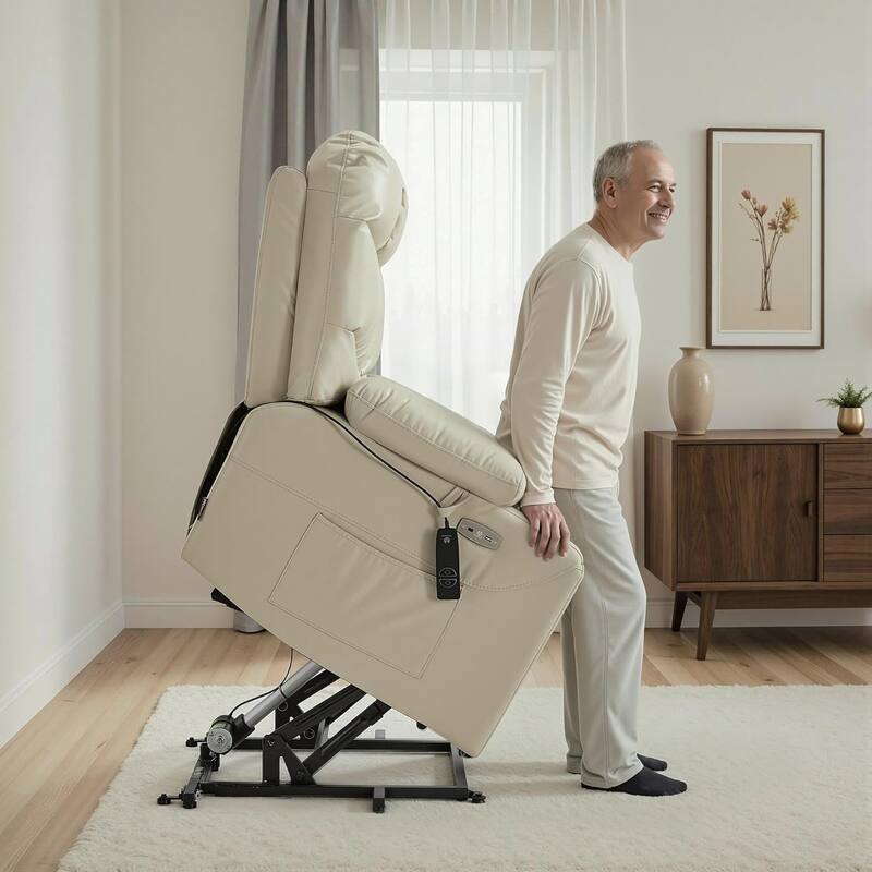 MCombo Wide Power Lift Recliner Chair with Extended Footrest for Big Elderly People, Faux Leather R7289 - Beige