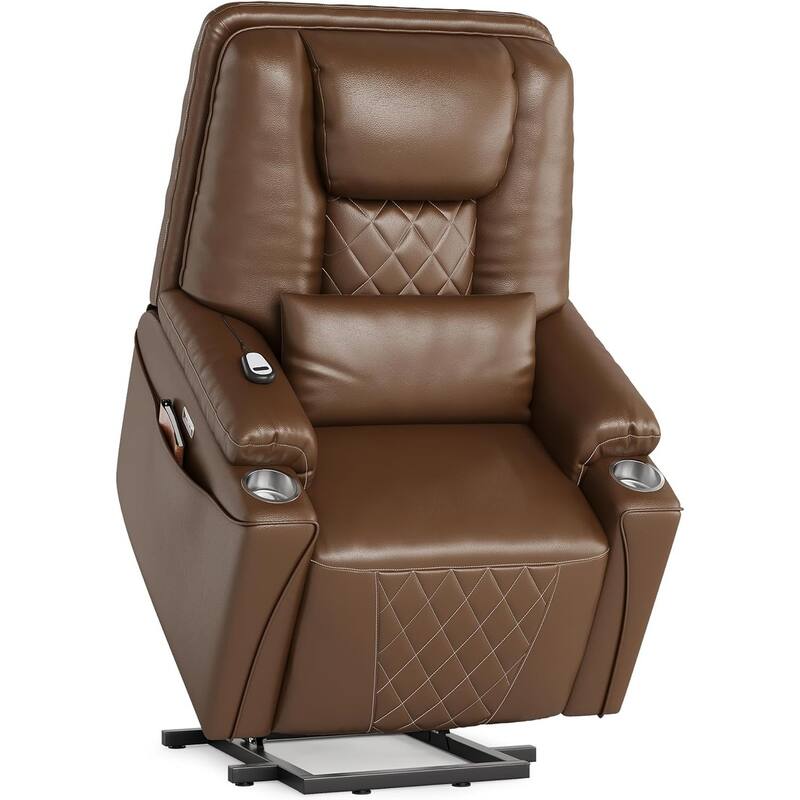Power Lift Recliner Chair Sofa, PU Leather Reclining with Charging Ports, Cup Holders, Electric Stand Assist