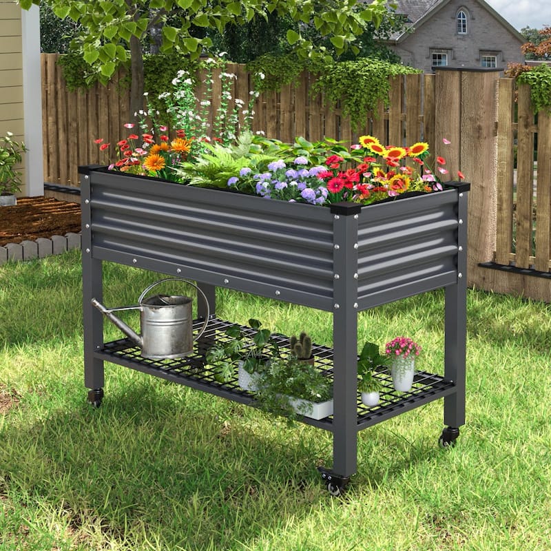 VEIKOUS 7.8 Cu.ft Galvanized Steel Raised Garden Bed, Large Outdoor Planter Box with Drainage Holes, Wheels