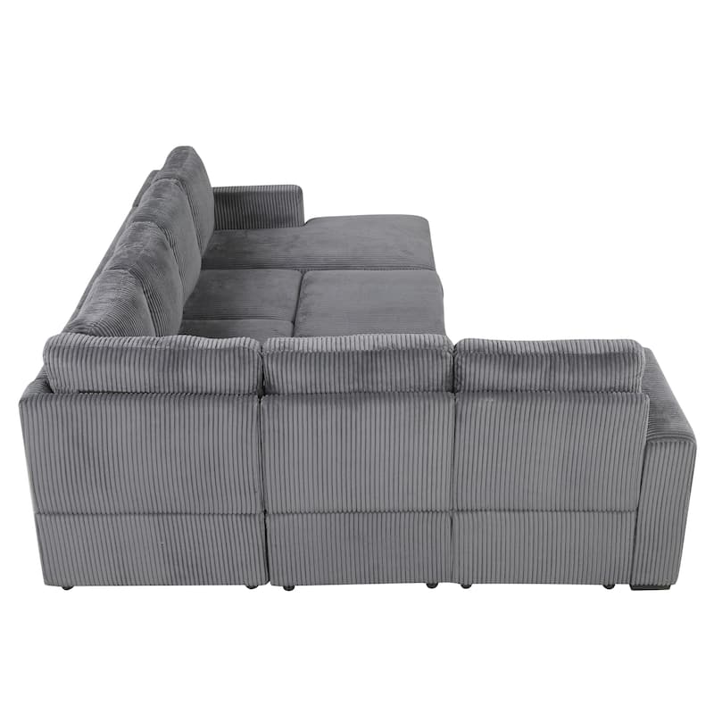 115.6" Corduroy U-Shaped Sectional Sofa with Pull-out Bed, Storage & USB Ports