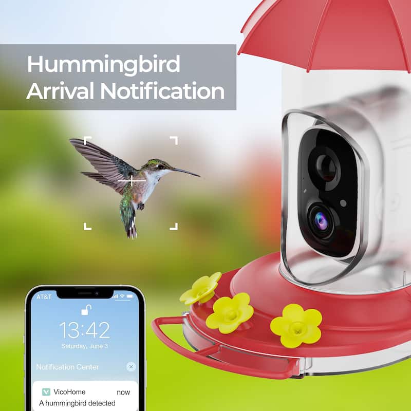 Plastic Hummingbird Feeder, 5200mAh Battery w Solar Panel and Camera IP65 Water Proof, Ant Moat and Bee-proof features