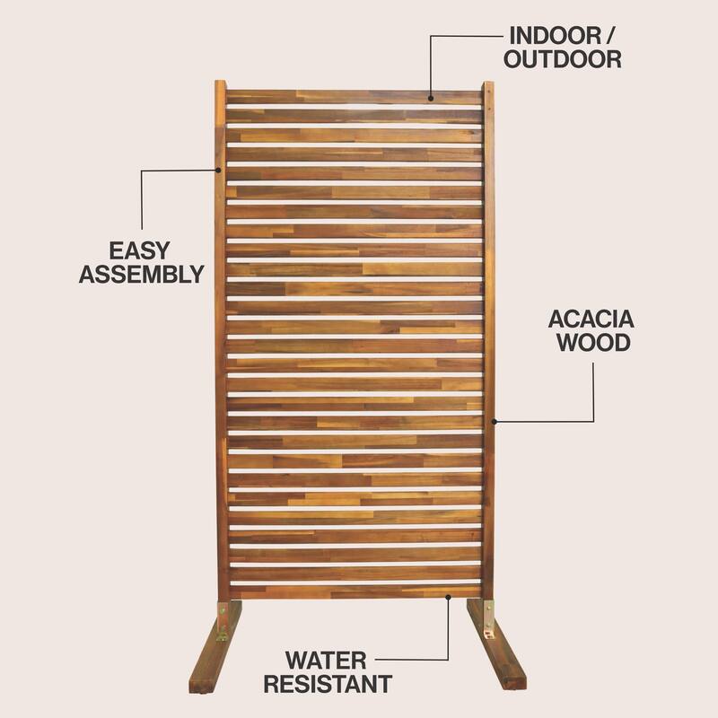 Solana Modern Solid Acacia Wood Slat Outdoor Privacy Screen, Freestanding Single Panel Patio Room Divider
