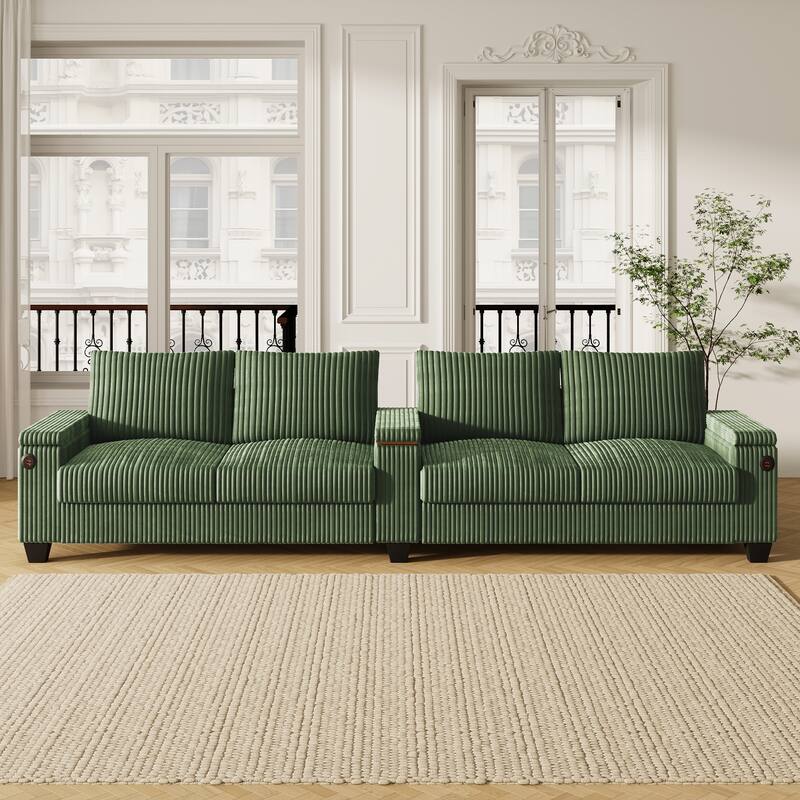 4-seater Green Corduroy Sofa with Storage, Cup Holders and USB Ports