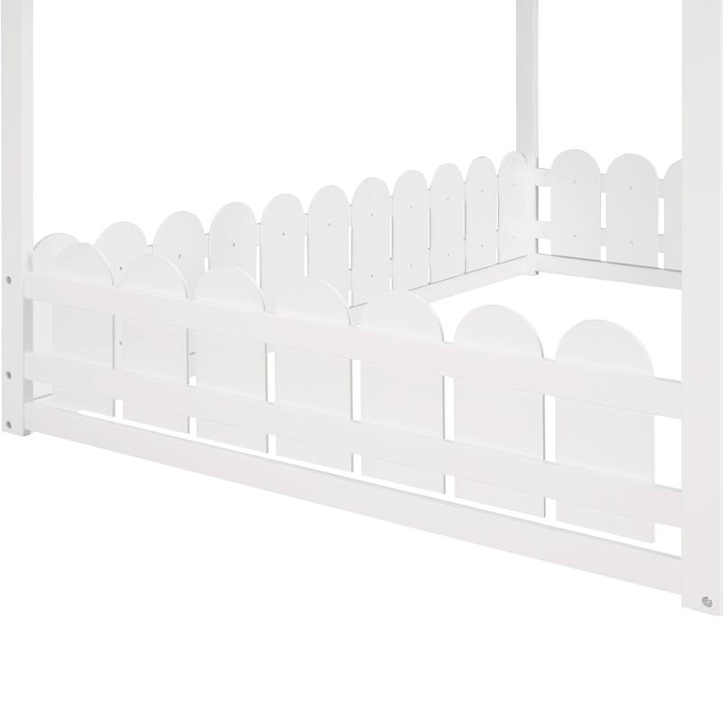 Full Size Wood House Bed Frame with Fence, Perfect for Kids' Play and Sleep Space