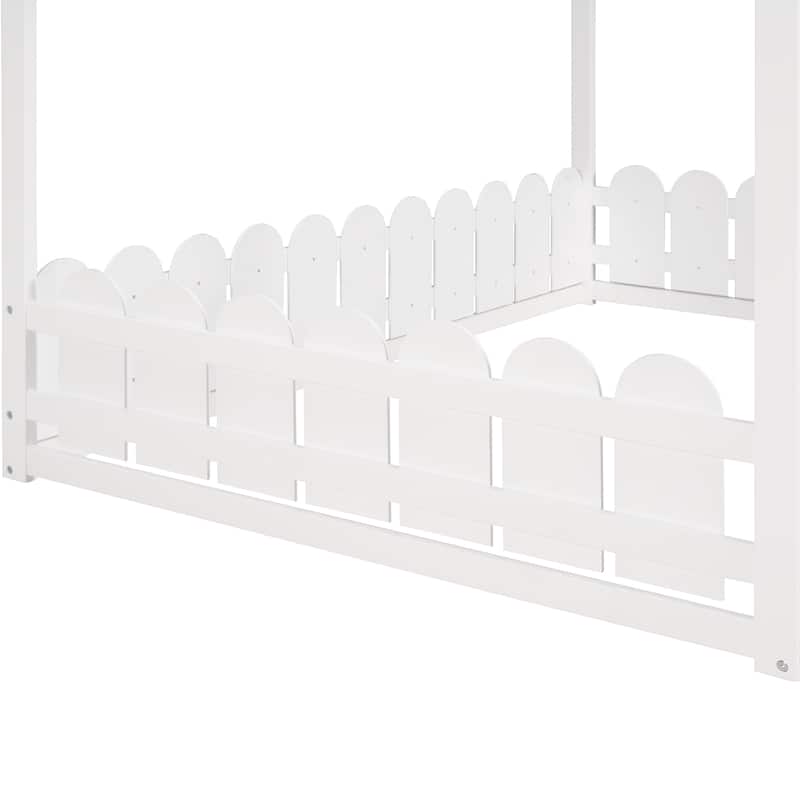 Full Size Wood House Bed Frame with Fence for Kids and Teens, White