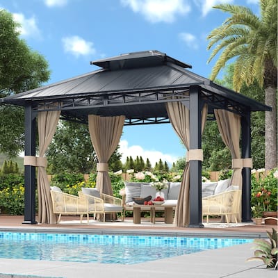 EROMMY Anti-Rust Coating Iron Hardtop Sun Shade Shelter Outdoor Canopy & Pergolas w/Curtains and Netting