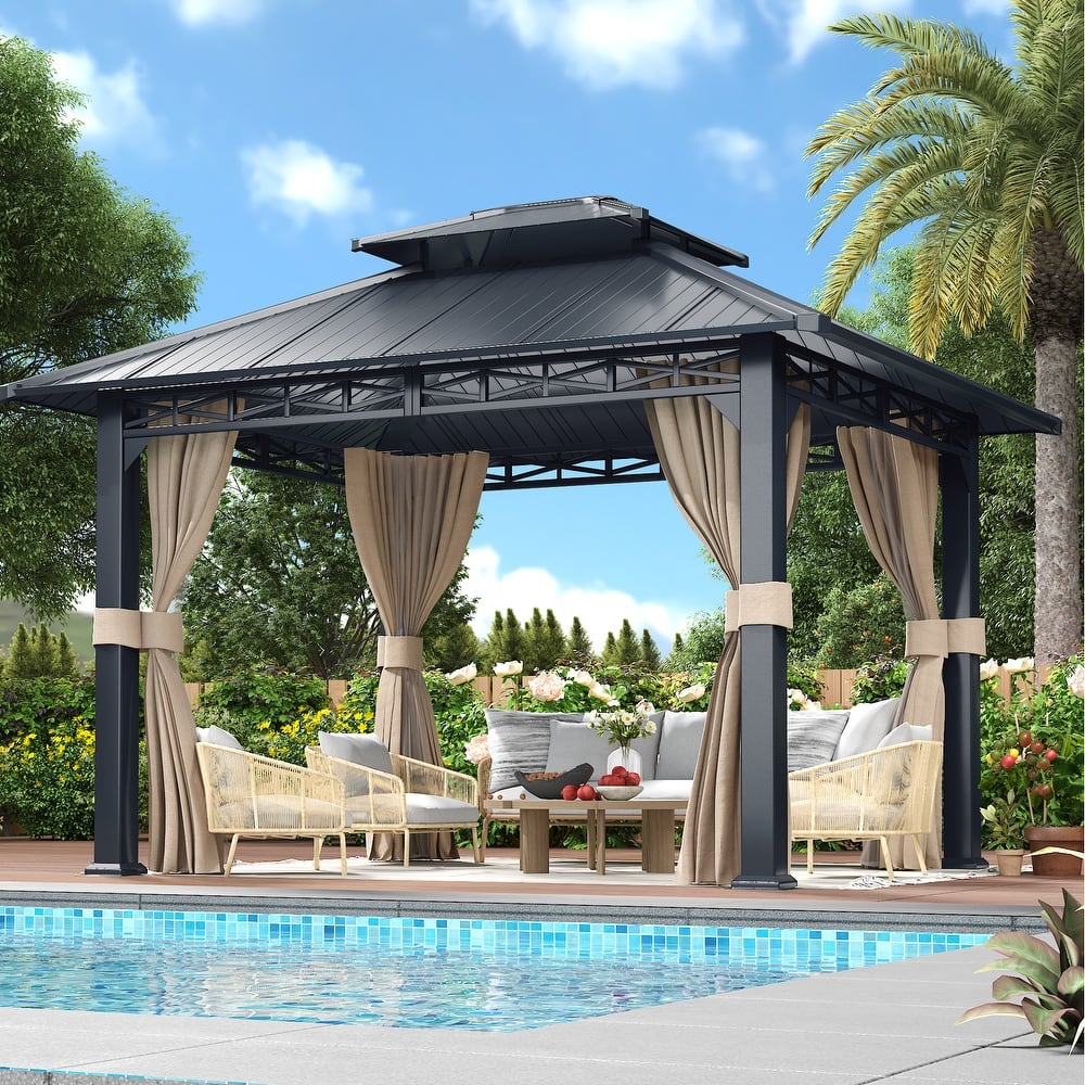 EROMMY Anti-Rust Coating Iron Hardtop Sun Shade Shelter Outdoor Canopy & Pergolas w/Curtains and Netting