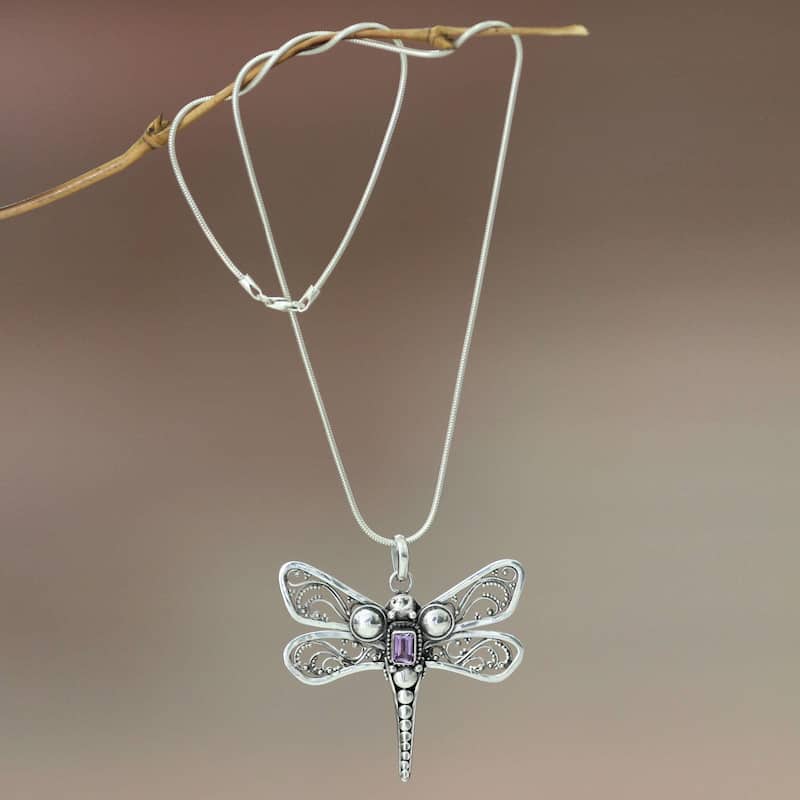 Handmade Amethyst Pendant Necklace, 'Lavender Dragonfly' (Indonesia) - 7'6" x 9'6"