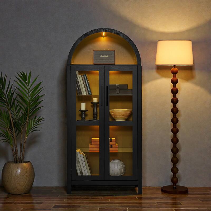 High Arched Wooden Storage Cabinet with LED Light, Adjustable Glass Shelves, Modern Retro Multi-Functional Display Locker