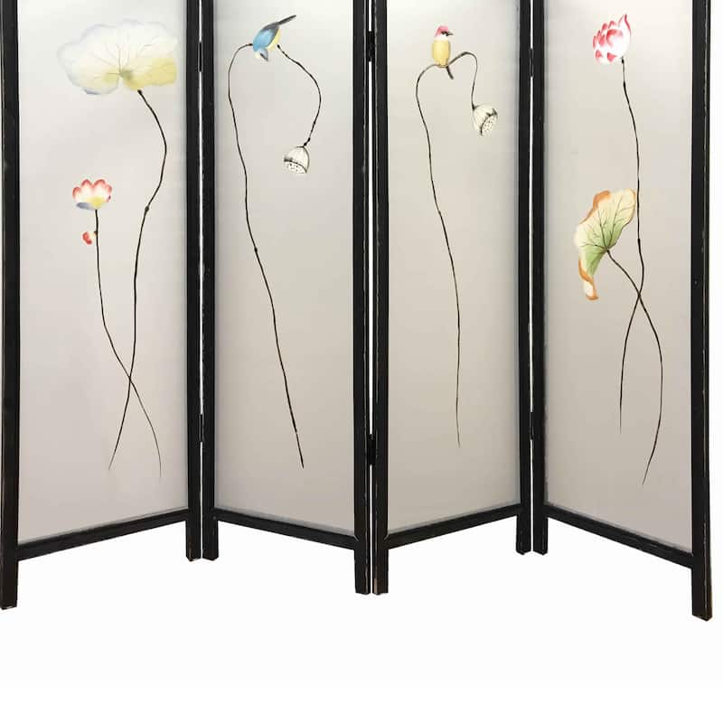 4 Panel Wooden Screen with Hand painted Fabric Design, Brown & Beige