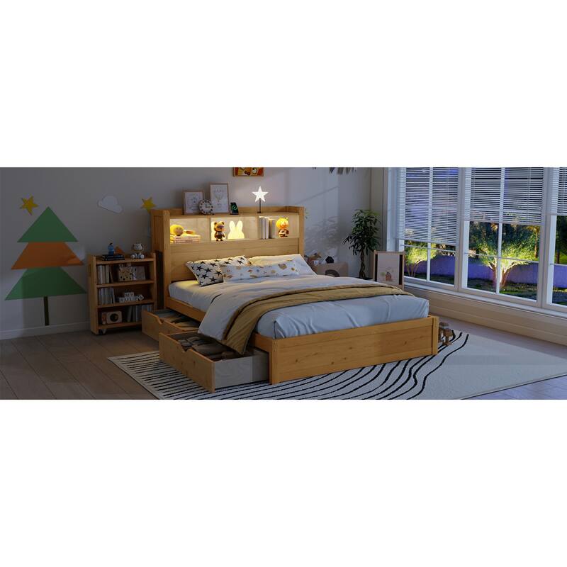 Roomfitters Twin/Full Platform Bed, LED Bookcase Headboard and Pull Out Storage Drawers with Wooden Frame for Bedrooms