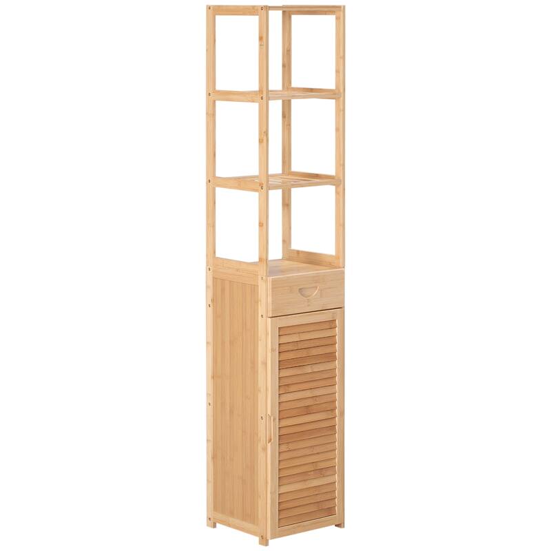 Natural Tall Bathroom Cabinet Display Cabinet with Open Shelves, Rustic Floor Cabinet with Louvered Door