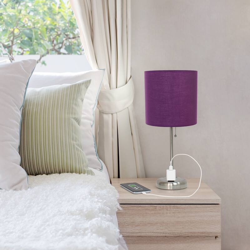 19.5 in. Brushed Steel Finish Table Lamp with Purple Shade, Sturdy Table Lamp for Living Rooms and Bedrooms