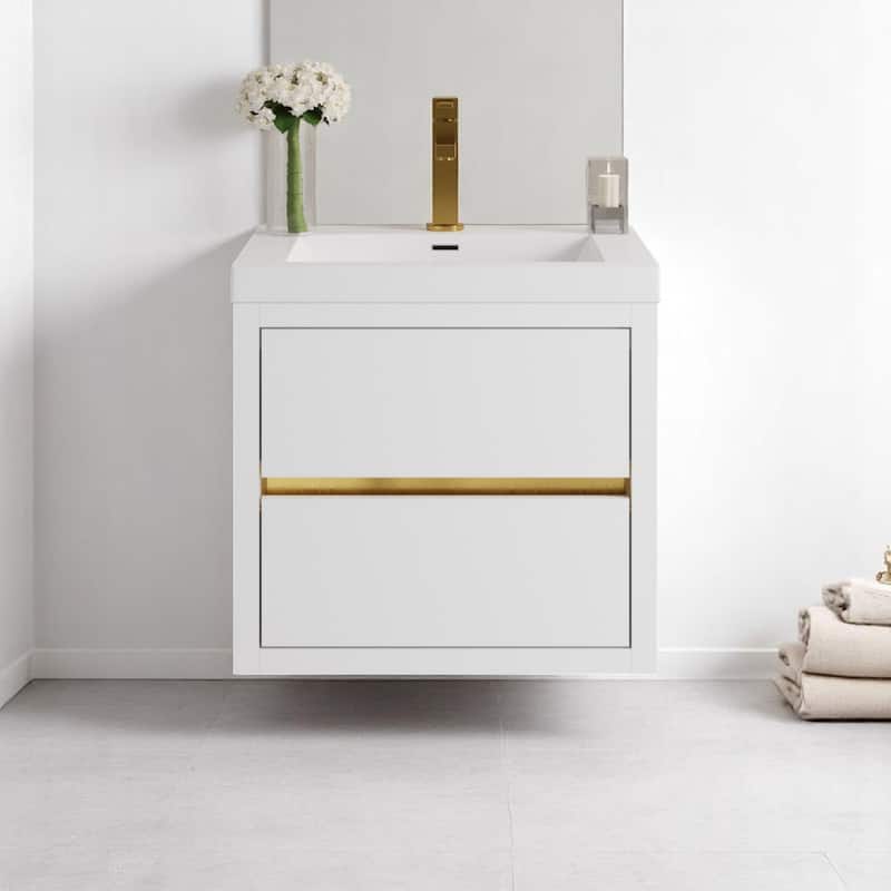 24"/30"/36" Wall-Mounted Bathroom Vanity with Sink, Floating Cabinet, Stone Resin Countertop, Glossy White, Soft-Close Drawers - 24