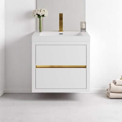 24"/30"/36" Wall-Mounted Bathroom Vanity with Sink, Floating Cabinet, Stone Resin Countertop, Glossy White, Soft-Close Drawers