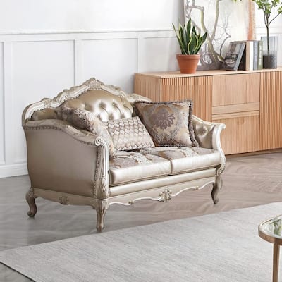Leatherette Button Tufted Loveseat with Queen Anne Legs, Champagne Gold
